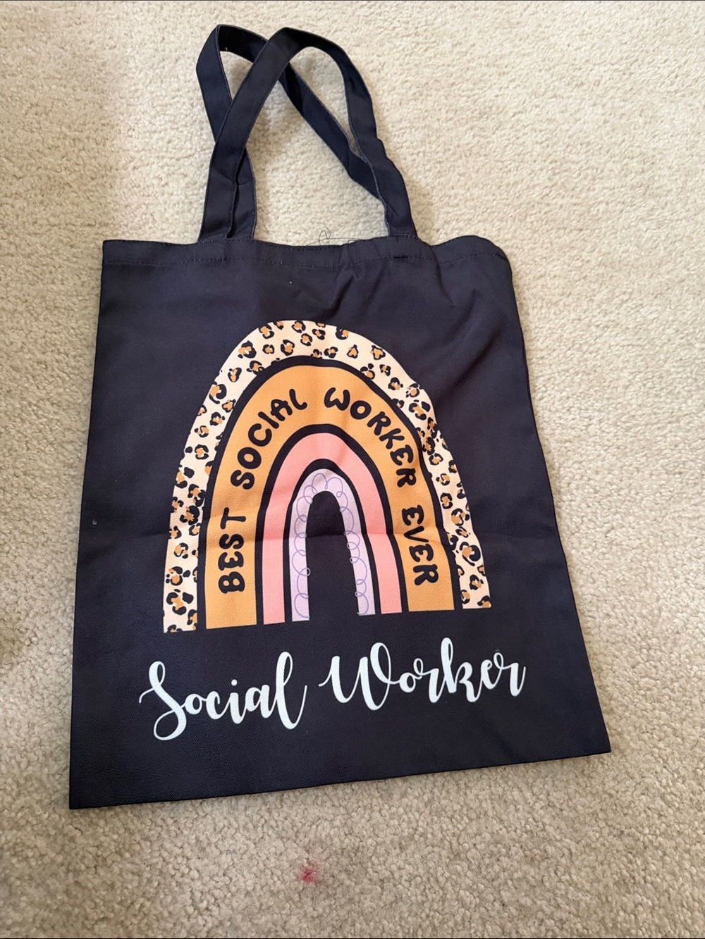Social Worker Tote Bag - Black with Pink & Peach Rainbow Design